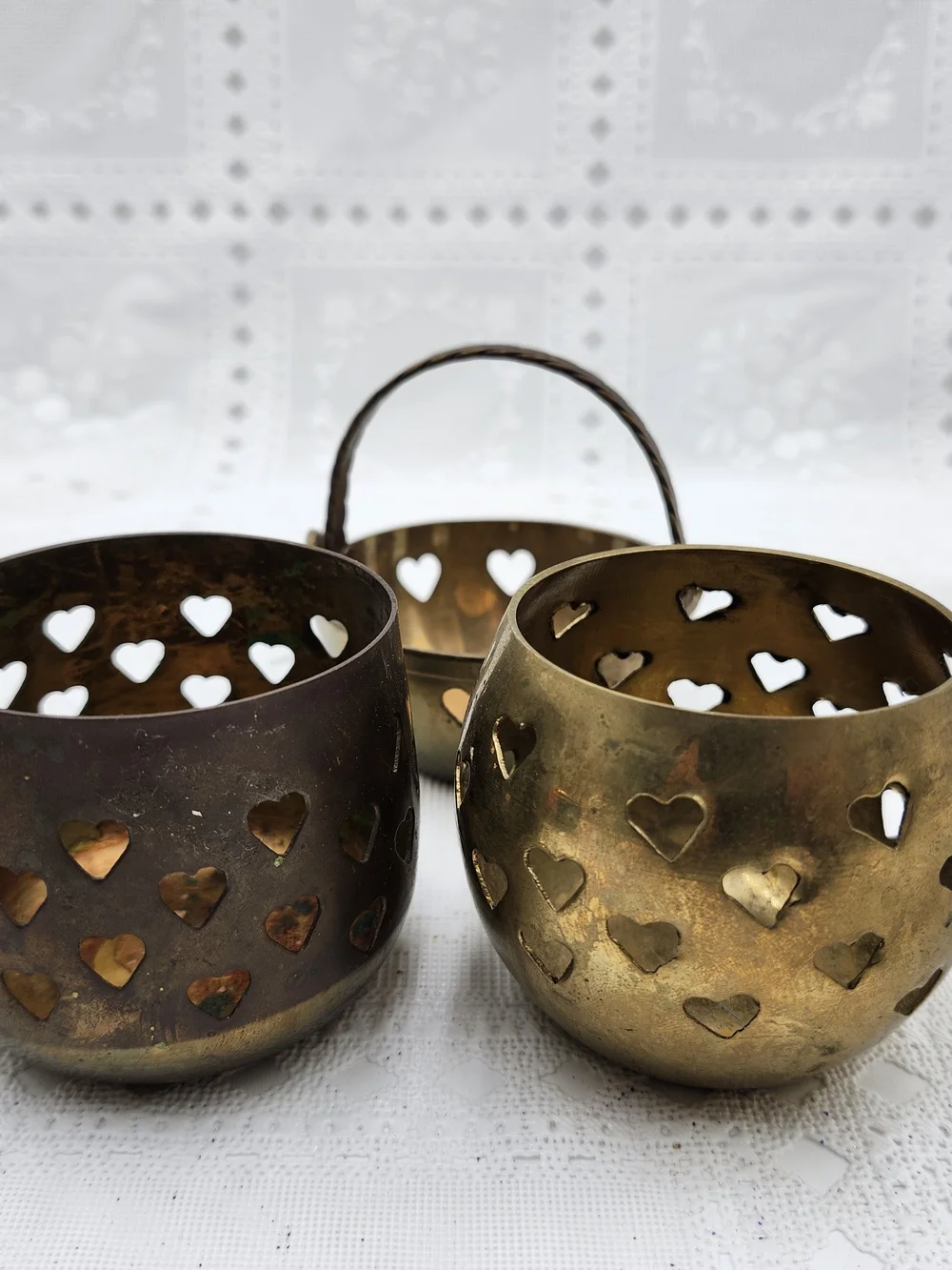 lot of 3  Solid Brass Heart Cut Out Votive Candle Holder Tea Light